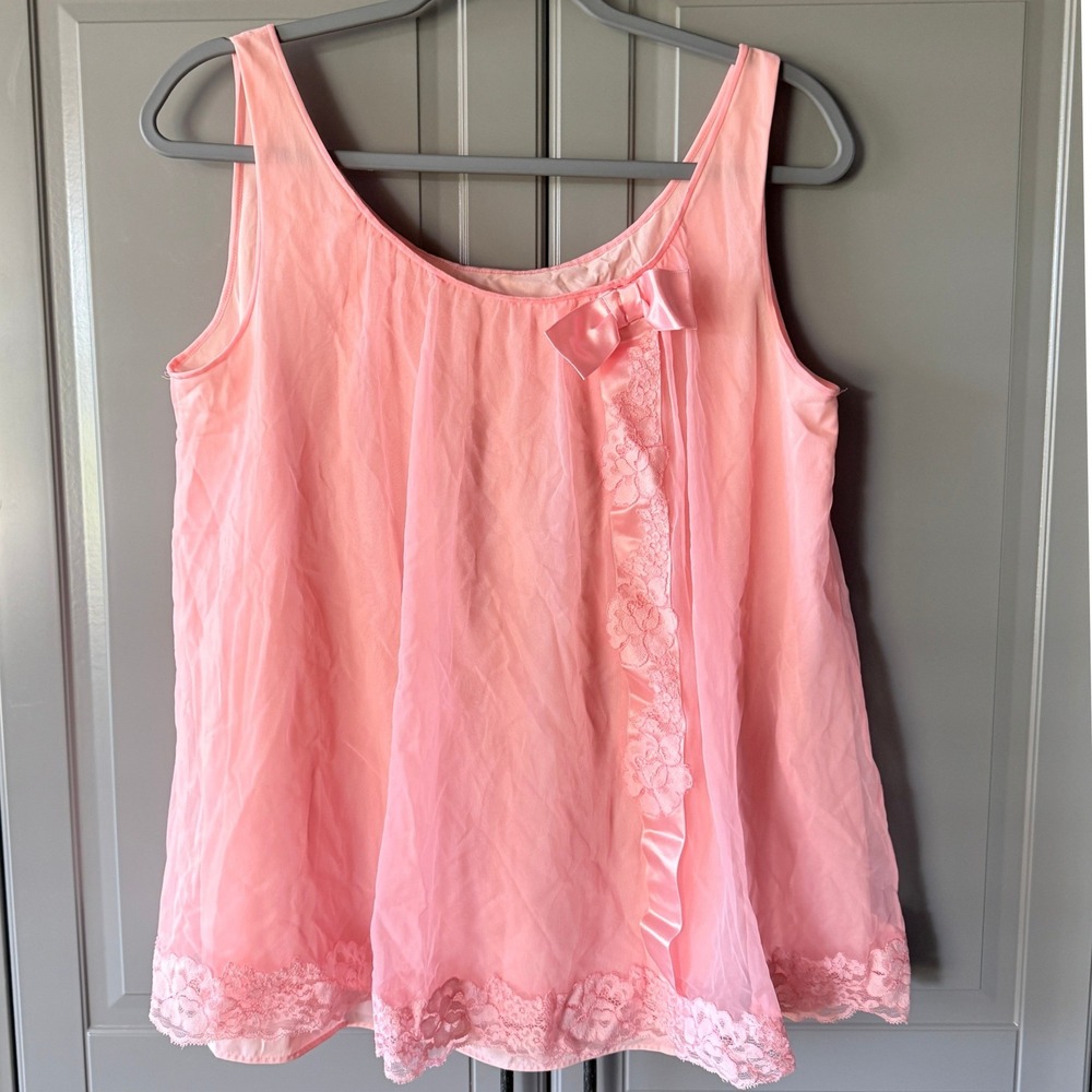 Vintage Women's MOD Lace Bow Mesh Layered Babydoll Camisole, Peach Pink, S